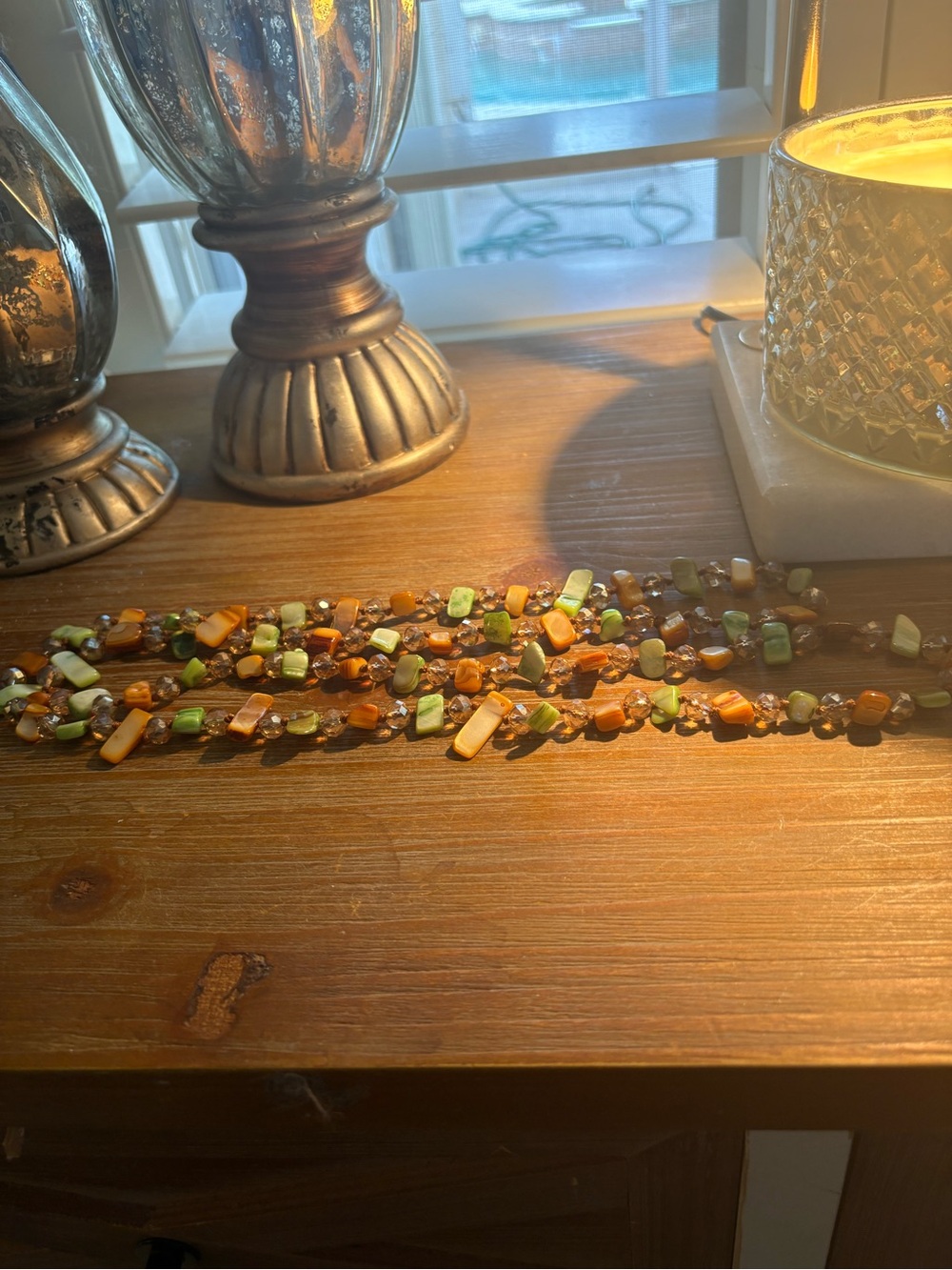 Multistrand Green and Amber Beaded Necklace - Elegant Statement Layering